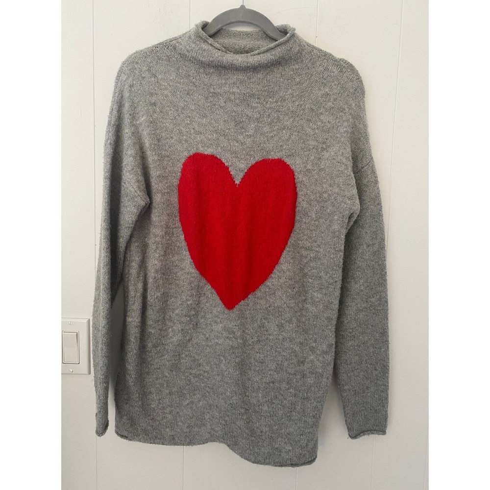 Cupcakes and Cashmere Gray Knit Mock Neck Sweater Red Heart Applique Size S